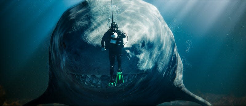 A diver floats in front of a really, really big shark