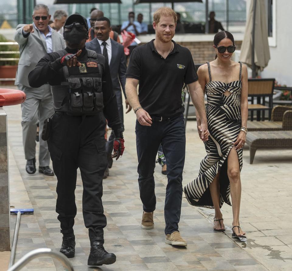 britain's prince harry c, duke of sussex, and britain's meghan r, duchess of sussex, arrive for an exhibition sitting volleyball match at nigeria unconquered, a local charity organisation that supports wounded, injured, or sick servicemembers, in abuja on may 11, 2024 as they visit nigeria as part of celebrations of invictus games anniversary photo by kola sulaimon afp