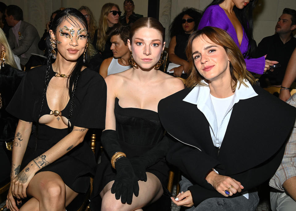 <p>Emma Watson makes a rare Fashion Week appearance at the Schiaparelli show in Paris, sitting front row with Hunter Schafer and Rina Sawayama.</p>