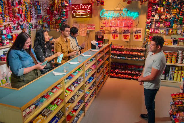 <p>Netflix</p> From left: host Megan Stalter, judge Helen Park, judge Ali Bouzari, host Hari Kondabolu, and contestant Sandy Dee Hall on ‘Snack vs. Chef’