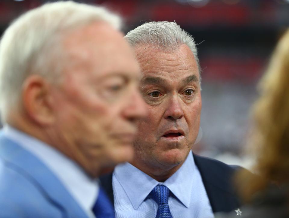 Dallas Cowboys owner Jerry Jones, left, and executive vice president Stephen Jones did not sign any of the name free agent running backs over the week after starter Tony Pollard signed with the Tennessee Titans.