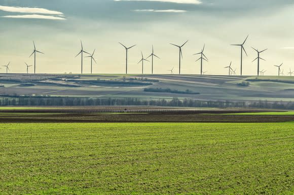 Wind turbines on a distant hill.