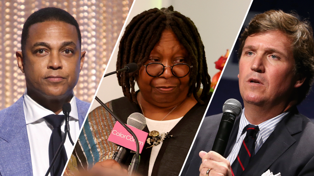 From left, Don Lemon, Whoopi Goldberg and Tucker Carlson were all part of a chaotic day in news media. (Photo: Getty Images)
