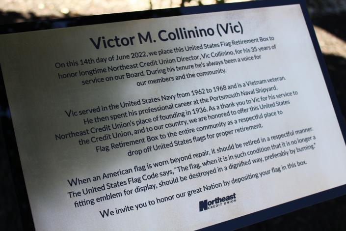 Northeast Credit Union recognizes long-term board member Victor “Vic” Collinino’s 35 years of service and honors him with a United States Flag Retirement Box at its Portsmouth New Hampshire Headquarters on Borthwick Avenue.