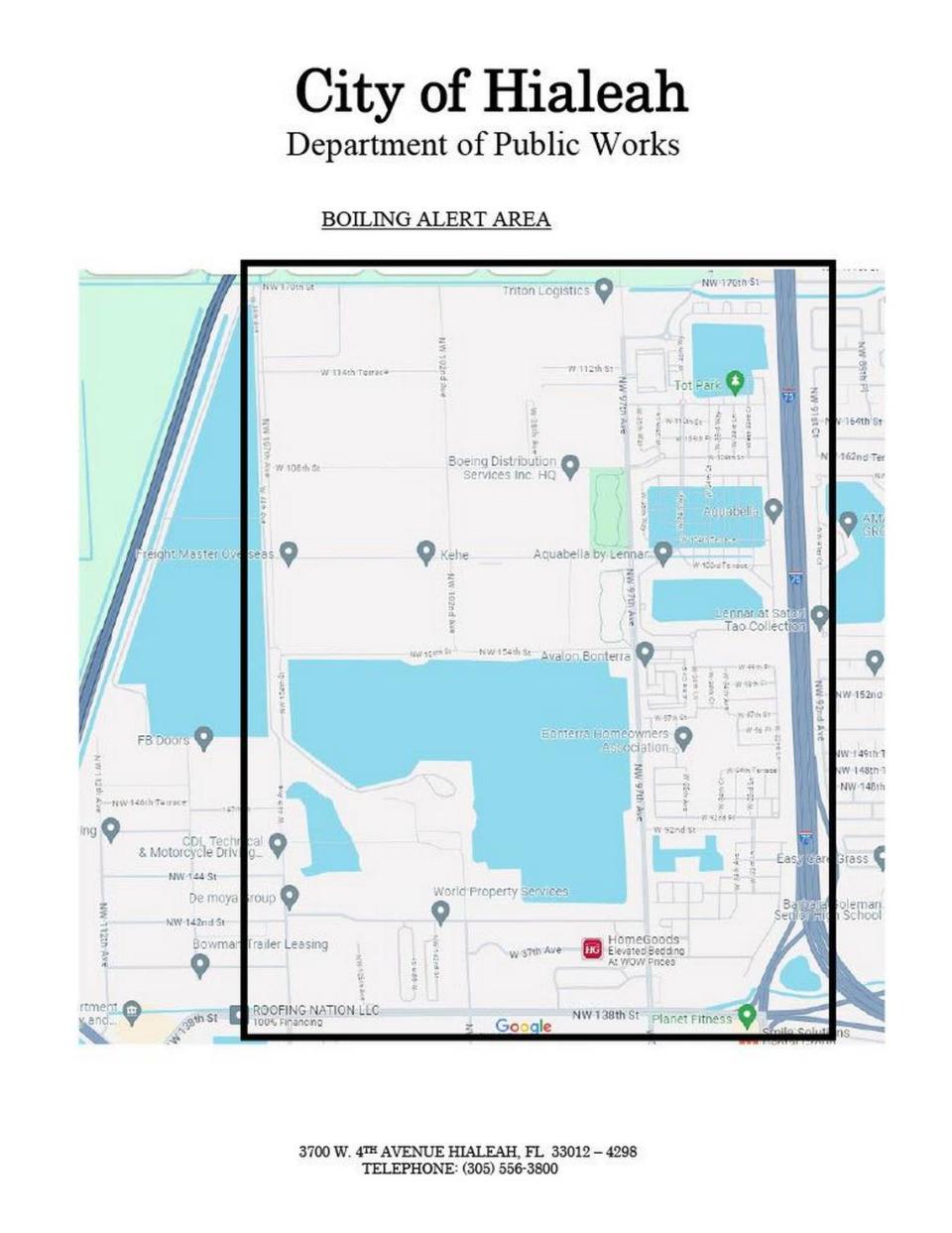 Map of the area where a boil water alert was issued in the Hialeah Heights neighborhood by the Hialeah Public Works Department on June 14, 2024.