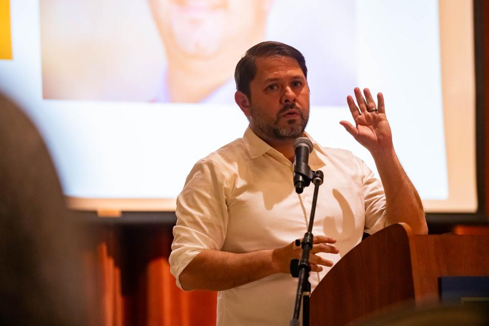 Democrat Rep. Ruben Gallego, answers questions during a town hall in Goodyear on April 3, 2024. Gallego, a long-time opponent of anti-abortion efforts, criticized the April 9, 2024, rulling by the Arizona Supreme Court protecting a territorial-era abortion laws.