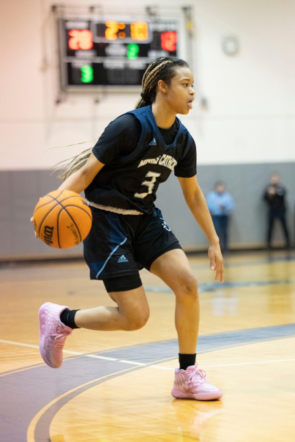 Feb 9, 2024; Randolph, NJ, USA; Morris Catholic vs. Morristown in a Morris County Tournament girls basketball semifinal game at the County College of Morris. MC #3 Mia Pauldo.