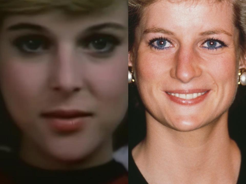 a close up of Catherine Oxenberg's face; a close up of Princess Diana's face