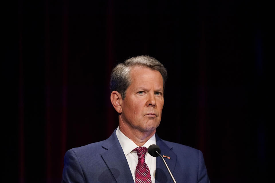 Georgia Gov. Brian Kemp participates during a gubernatorial Republican primary debate, Sunday, May 1, 2022, in Atlanta. (AP Photo/Brynn Anderson, Pool)