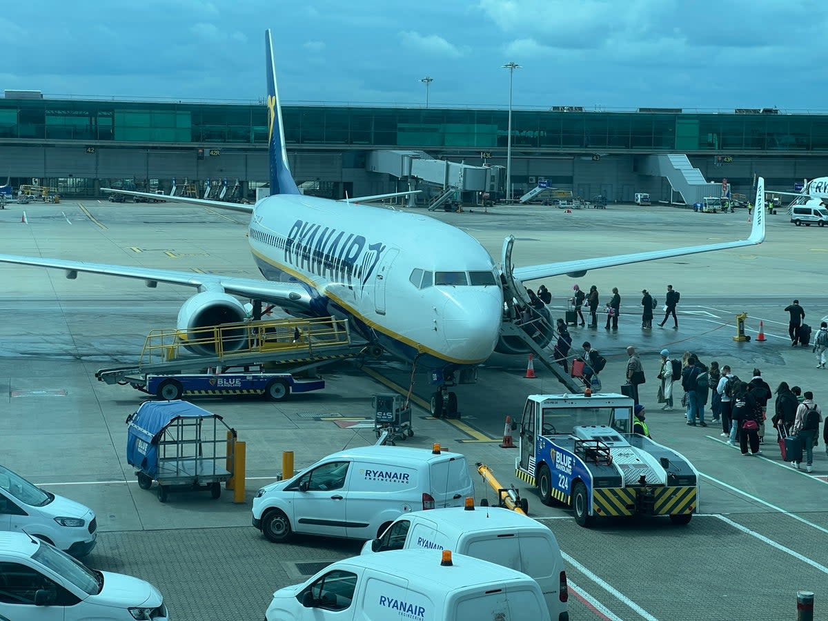 Going places: Passengers boarding Boeing 737-800 belonging to Ryanair at London Stansted airport  (Simon Calder)