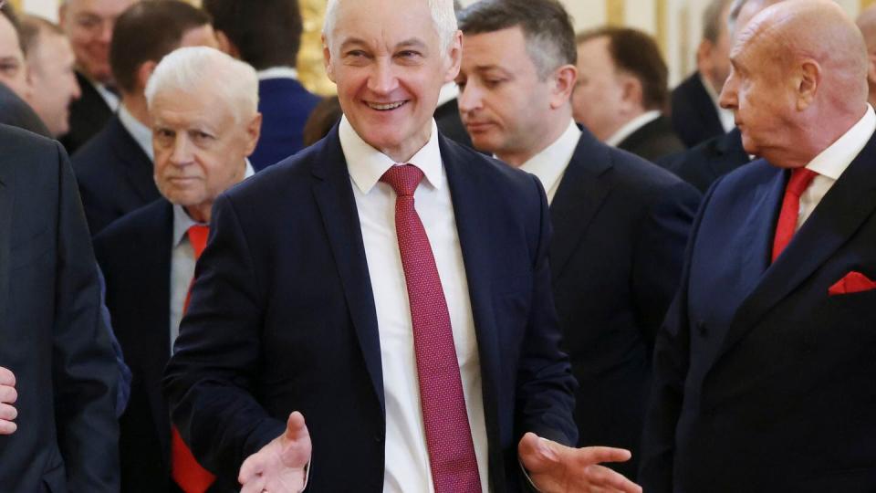 Then-Russian Deputy Prime Minister Andrei Belousov, center, gestures as he waits to attend a ceremony inaugurating Vladimir Putin as president of Russia at the Kremlin in Moscow on May 7, 2024. (Vyacheslav Prokofyev/Sputnik via AP)