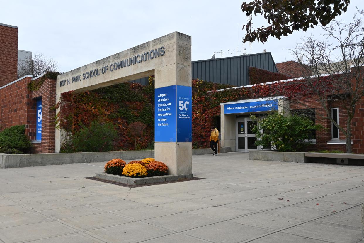 The campus-side entrance to Ithaca College's Roy H. Park School of communications' Park Hall. Oct. 18, 2023.