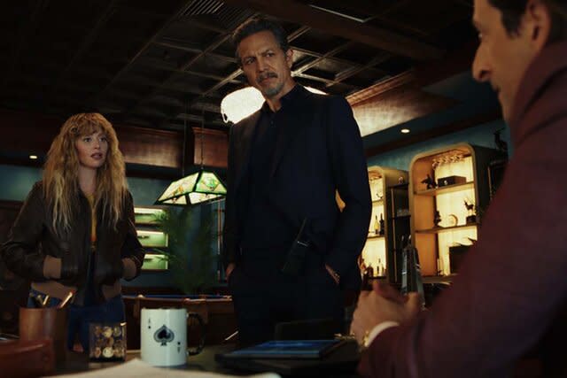 Pictured: (l-r) Natasha Lyonne as Charlie Cale, Benjamin Bratt as Cliff Legrand, Adrien Brody as Sterling Frost Jr.in POKER FACE Season 1 Episode 1