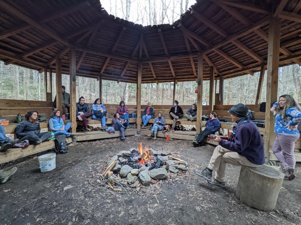 Modeled on a Cherokee pattern, the open-air Council House is one of several outdoor classroom meeting spaces available on the Tremont campus, which also includes on-site lodging, a fully staffed kitchen, and science lab.