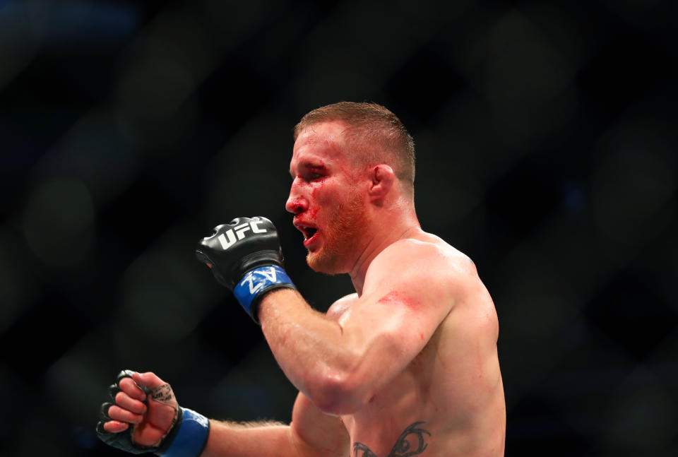 Apr 14, 2018; Glendale, AZ, USA; Justin Gaethje during UFC Fight Night at Gila River Arena. Mandatory Credit: Mark J. Rebilas-USA TODAY Sports