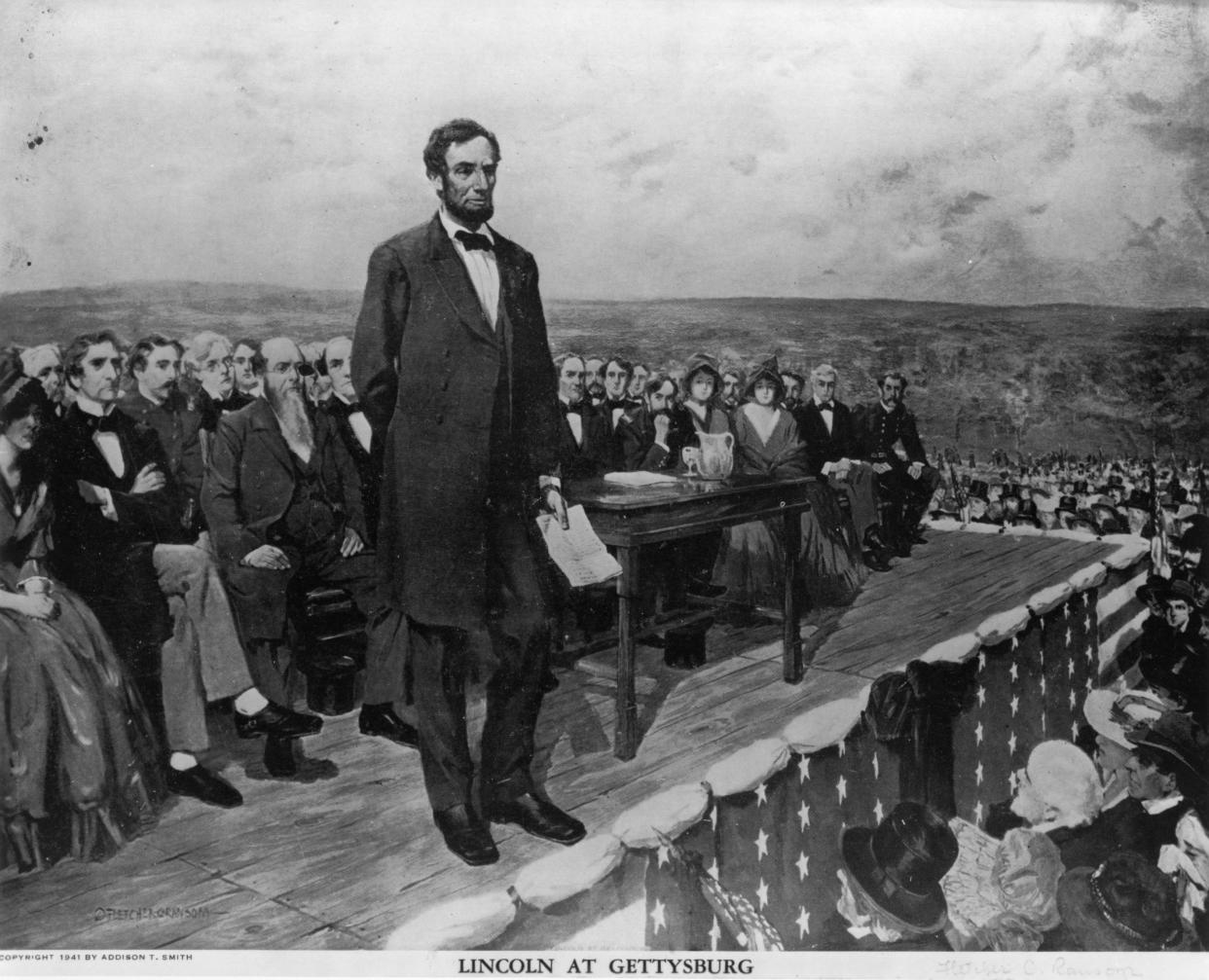 Abraham Lincoln, the 16th President of the United States of America, making his famous 'Gettysburg Address' speech.