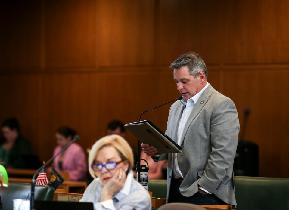 Rep. Jeff Helfrich​, R-Hood River speaks Wednesday about the compromise legislation to create election campaign giving and spending limits in Oregon.