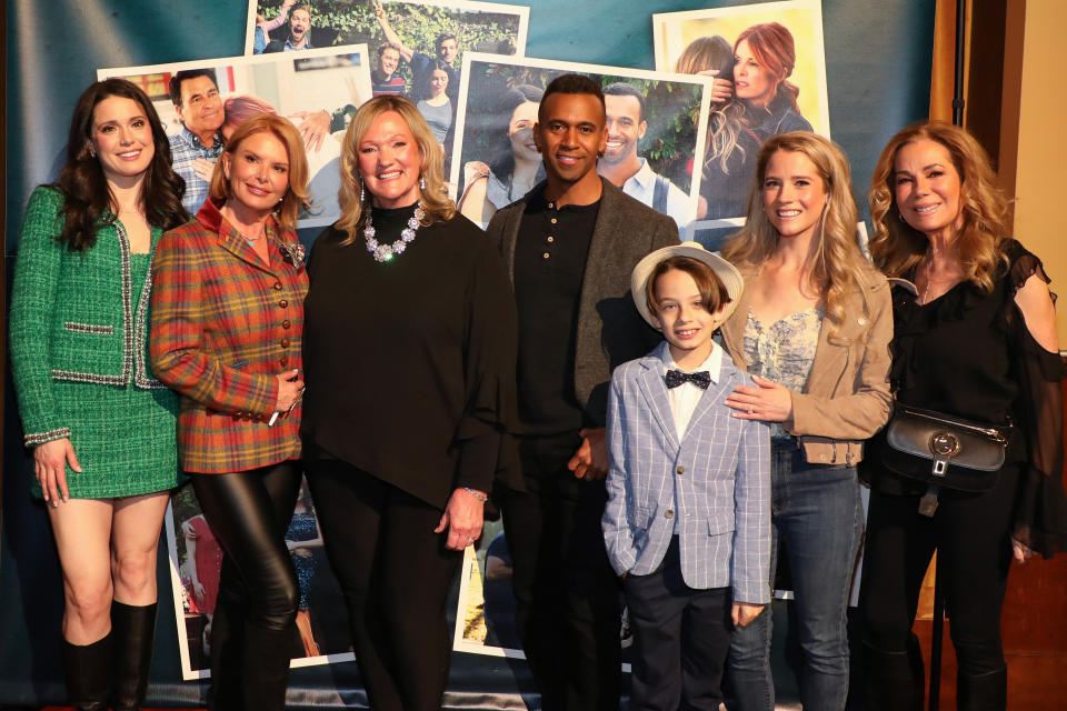 (L-R) Ali Cobrin, Roma Downey, Karen Kingsbury, Brandon Hirsch, Asher Morrissette, Cassidy Gifford and Kathie Lee Gifford attend 