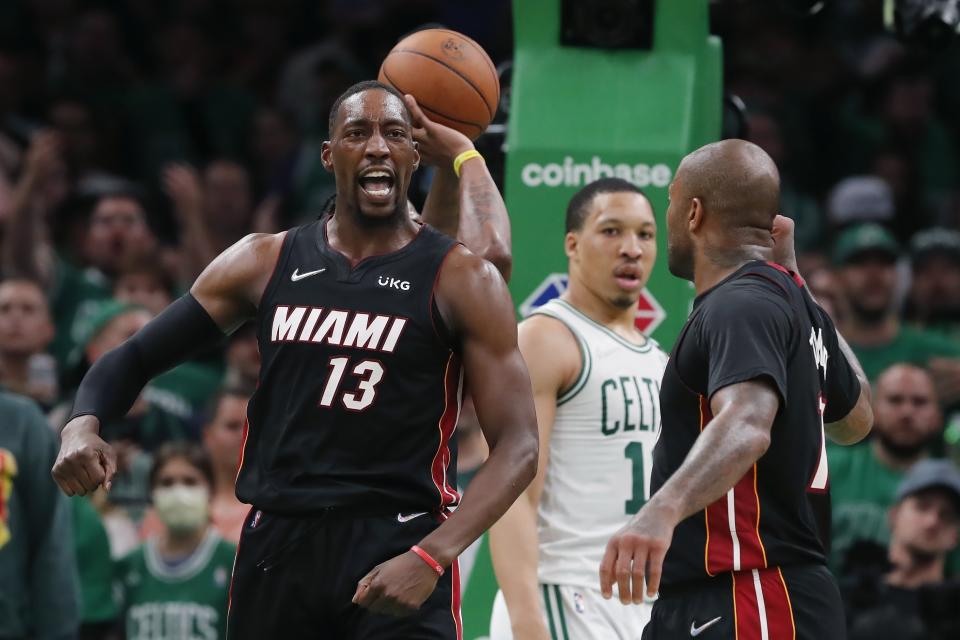 Bam Adebayo (13) and the Miami Heat look to take Game 5 against the Celtics. (AP Photo/Michael Dwyer)