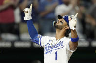 Kansas City Royals' MJ Melendez (1) celebrates as he crosses the plate after hitting a solo home run during the seventh inning of a baseball game against the Chicago White Sox Wednesday, Aug. 10, 2022, in Kansas City, Mo. (AP Photo/Charlie Riedel)