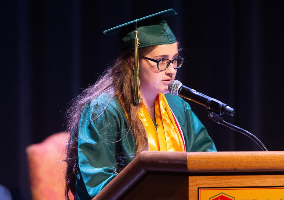 St. Joseph Academy valedictorian Alexandra Welch speaks to her classmates during their commencement ceremony Friday, June 3, 2022, at Flagler College.