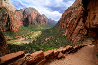 <p><a href="https://utah.com/zion-national-park/angels-landing" rel="nofollow noopener" target="_blank" data-ylk="slk:Angels Landing;elm:context_link;itc:0;sec:content-canvas" class="link ">Angels Landing</a> is one of the world's most renowned hikes, and even at five miles roundtrip, is an unforgettable short adventure. The landmark itself, known previously as the Temple of Aeolus, is a 1,488-foot tall rock formation in Zion National Park. Beautiful for its sandstone cliffs and freestanding arches, it can be considered a strenuous climb with steep drop-offs and very narrow sections.</p>