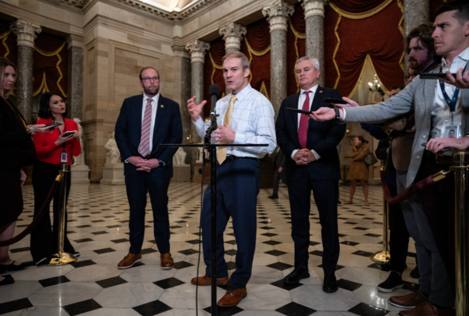 House Republicans speak to reporters after the House voted to formally authorize the impeachment inquiry into President Joe Biden, at the U.S. Capitol on December 13, 2023.
