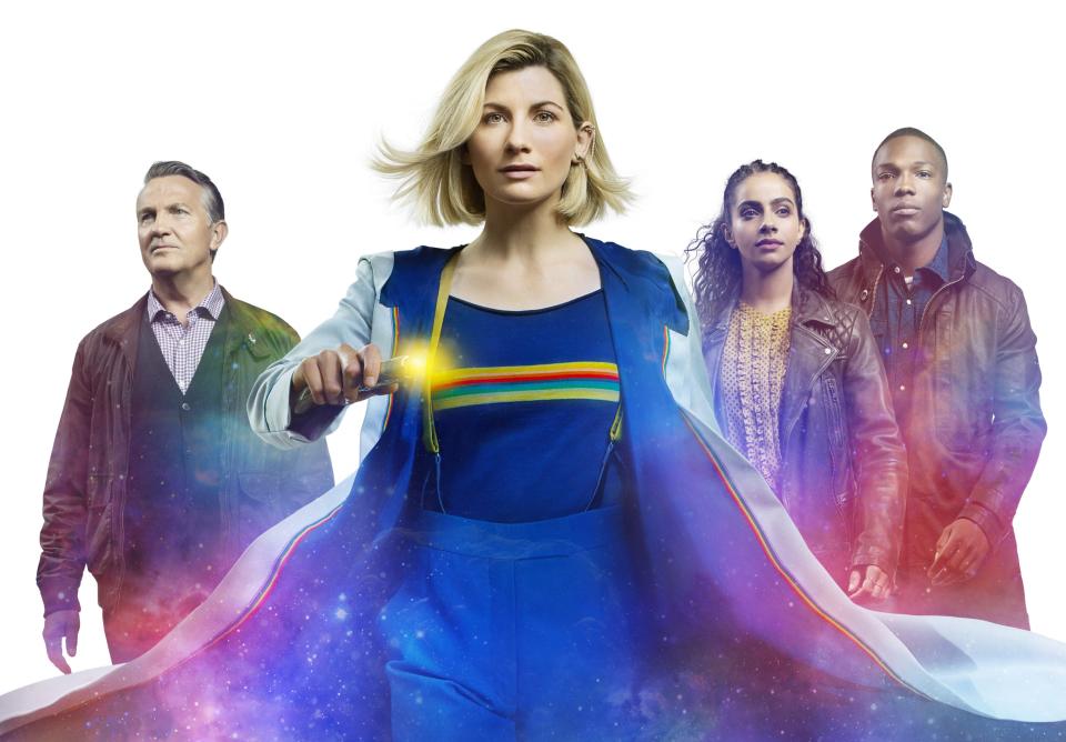 Doctor Who's Jodie Whittaker with companions Bradley Walsh, Mandip Gill and Tosin Cole. (BBC)