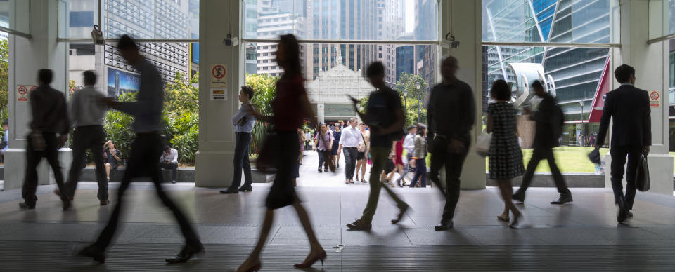 The entrance to Raffles Place MRT station in Singapore's financial district.