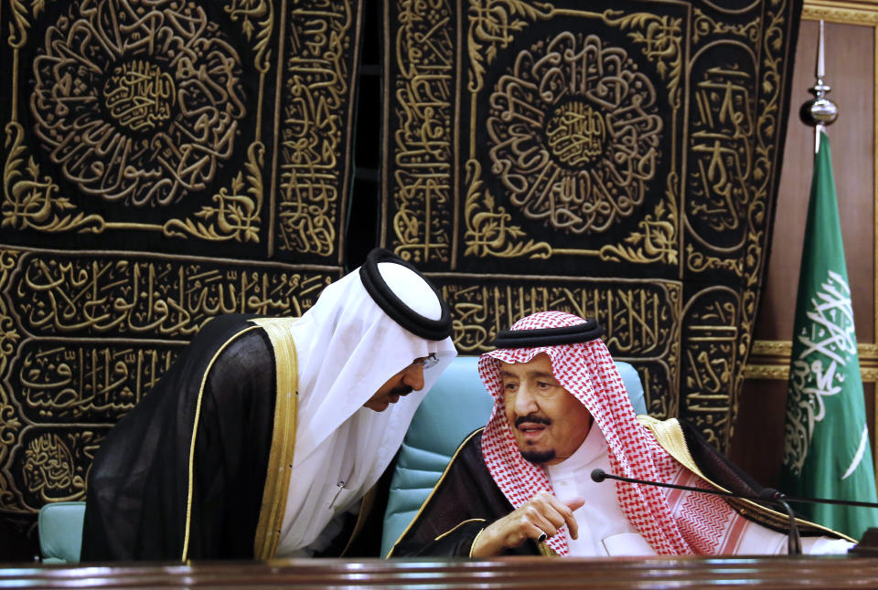 FILE: In this June 1, 2019 file photo, Saudi King Salman chairs the Islamic Summit of the Organization of Islamic Cooperation (OIC) in Mecca, Saudi Arabia. May 31 and June 1 Salman hosts three high-level summits in Mecca, drawing heads of state from across the Middle East and Muslim countries to present a unified Muslim and Arab position on Iran. The monarch called on the international community to use all means to confront Iran and accuses the Shiite power of being behind "terrorist operations" that targeted Saudi oil interests. (AP Photo/Amr Nabil, File)