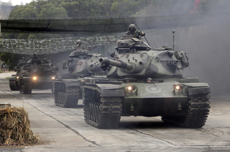 M60A3 Patton tanks move during a military exercises in Taichung, central Taiwan, Thursday, Jan. 17, 2019. Taiwan’s military has conducted a live-fire drill on Thursday to show its determination to defend itself from Chinese threats. (AP Photo/Chiang Ying-ying)