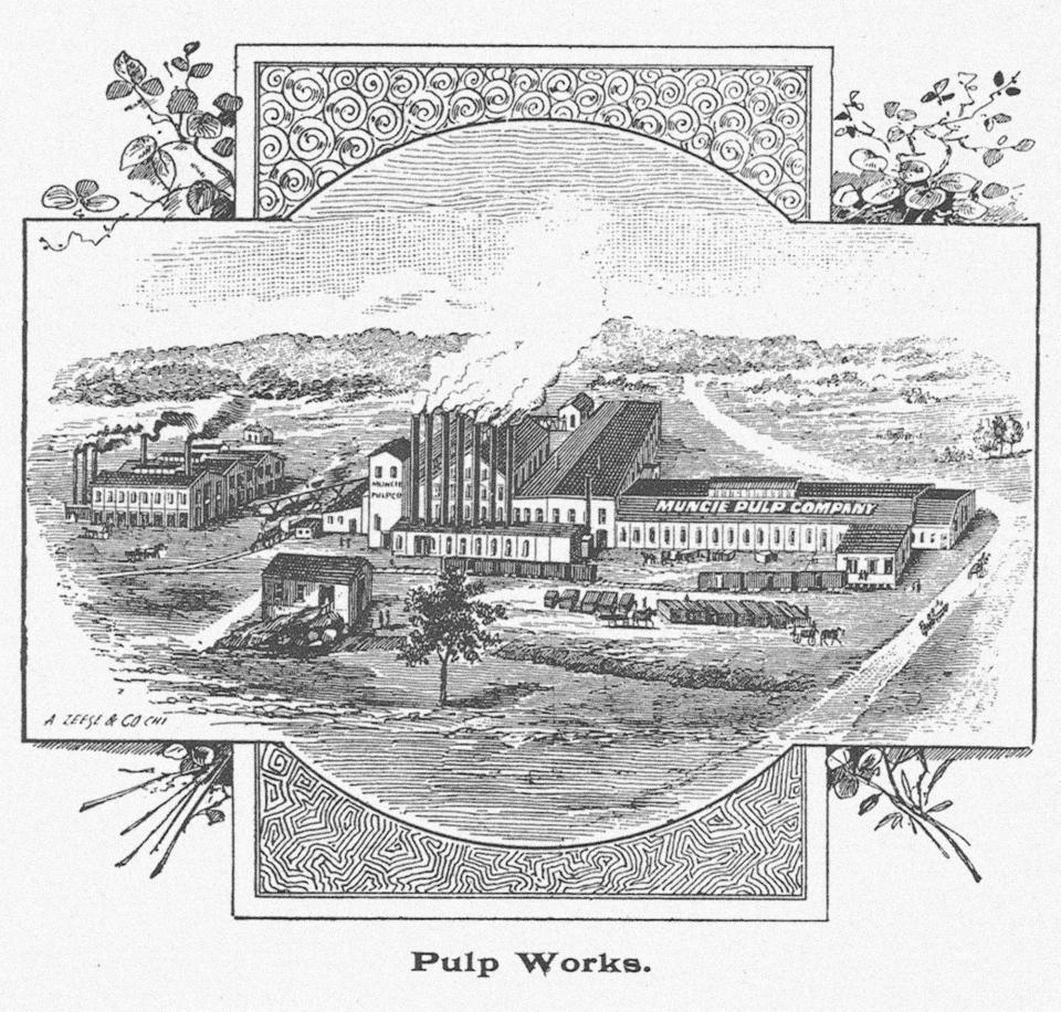 An 1893 etching of Muncie Pulp Co.
