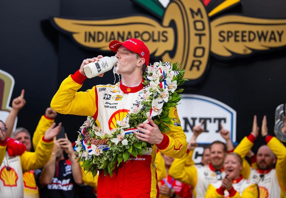 Indycar Series driver Josef Newgarden celebrates after winning the 108th running of the Indianapolis 500 at Indianapolis Motor Speedway.