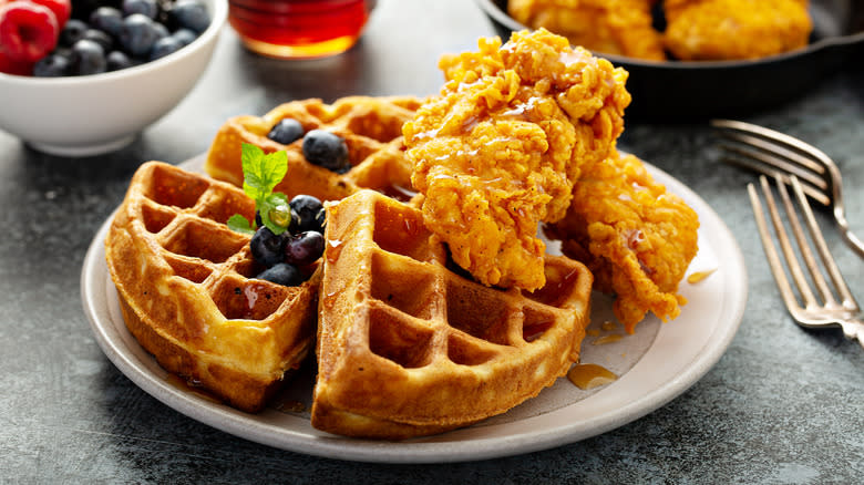 close up of chicken and waffle plate