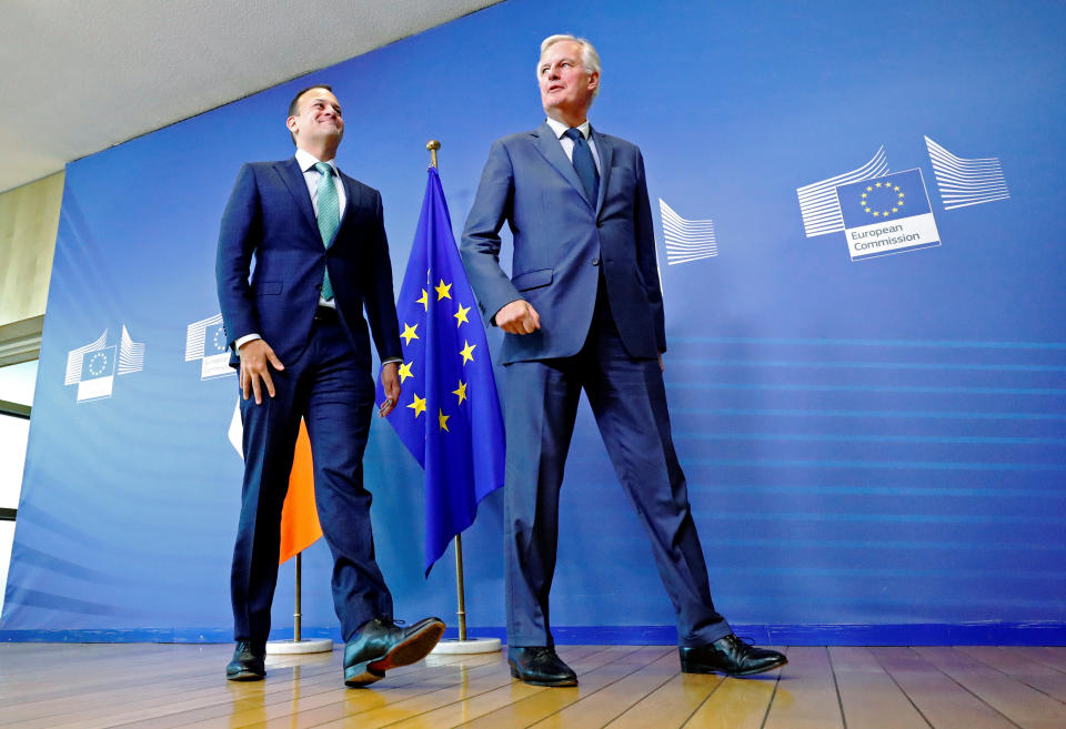 Irish prime minister Leo Varadkar with EU Brexit chief Michel Barnier in Brussels on Thursday (Reuters)