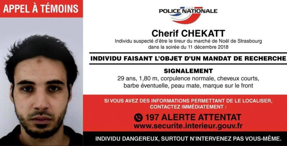The wanted notice for Chérif Chekatt, which carries the warning: ‘Individual dangerous, above all do not intervene’ (Police Nationale via AP)