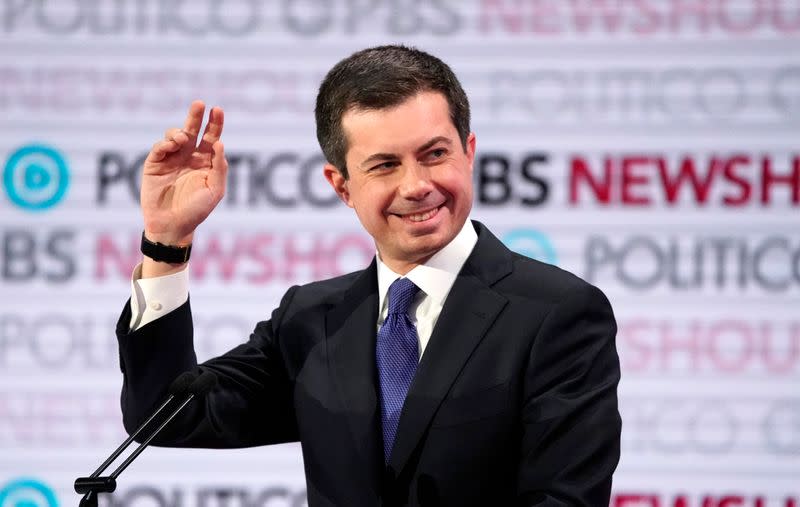 South Bend Mayor Pete Buttigieg asks to respond to a question during the sixth 2020 U.S. Democratic presidential candidates campaign debate at Loyola Marymount University in Los Angeles, California, U.S.