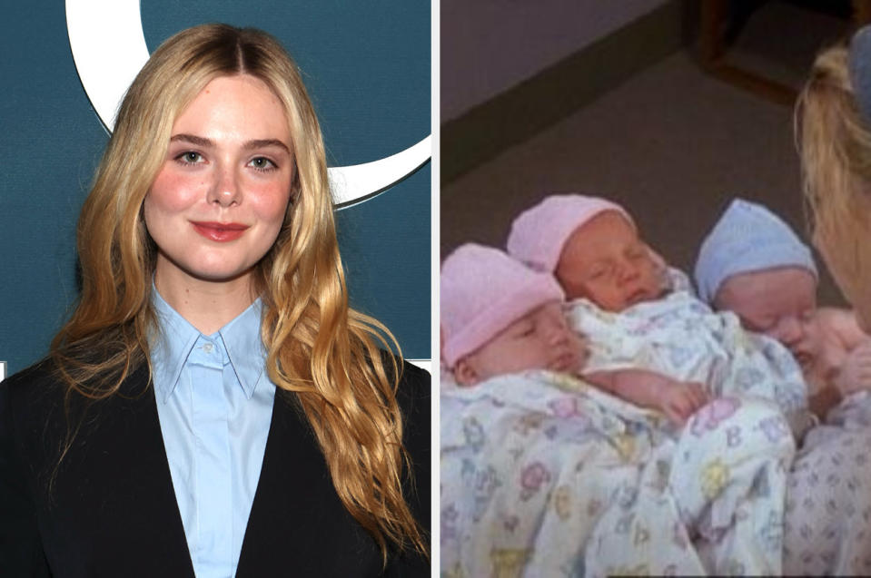 Elle Fanning smiling; triplet babies on "Friends"