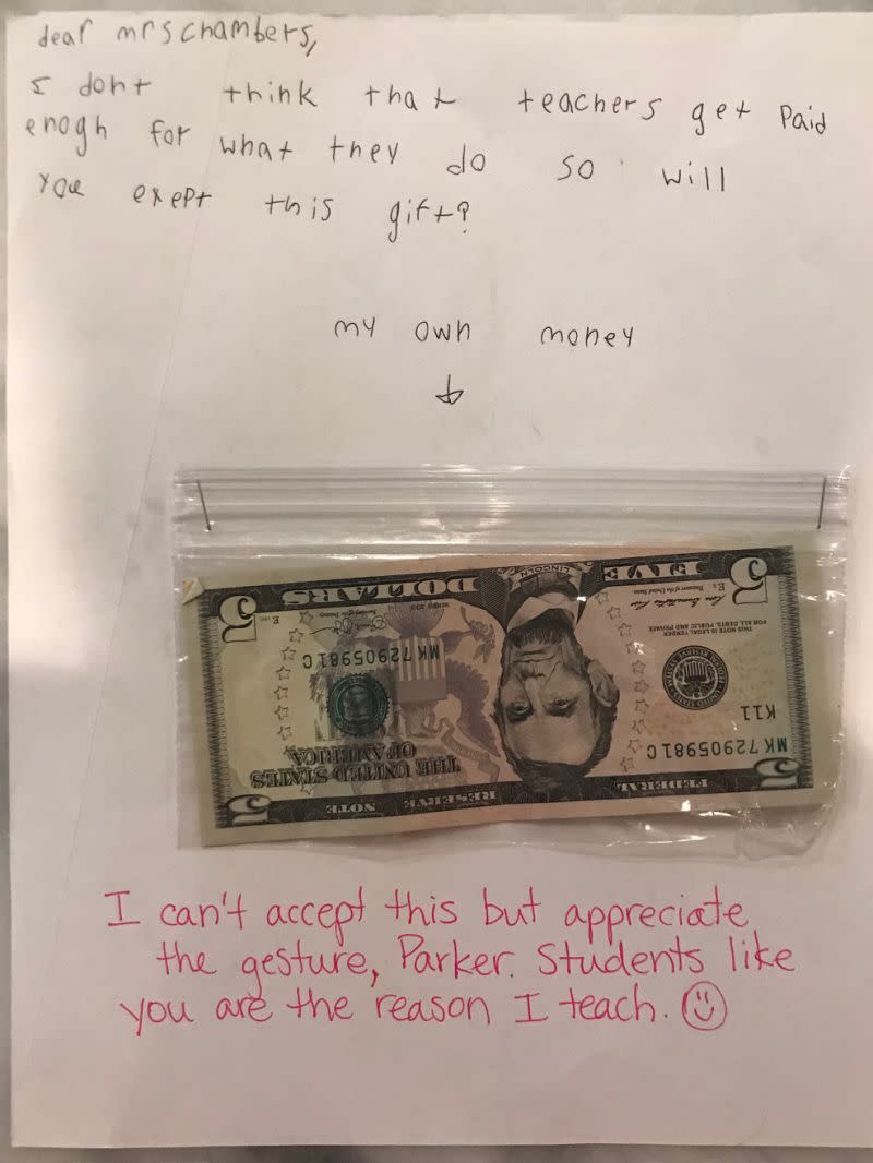 Parker Williams, a 3rd-grader in Florida, gave $15 of his birthday money to his beloved teacher. Source: Jennifer Williams