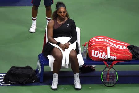 Sep 8, 2018; New York, NY, USA; Serena Williams of the United States sits at her bench after yelling at the chair umpire during the women's final against Naomi Osaka of Japan (not pictured) on day thirteen of the 2018 U.S. Open tennis tournament at USTA Billie Jean King National Tennis Center. Danielle Parhizkaran-USA TODAY SPORTS