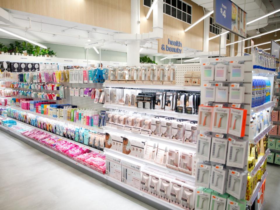 The beauty and health products on lit up shelves