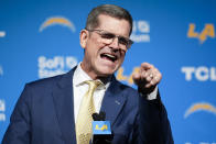 Jim Harbaugh speaks during a press conference introducing him as the new head coach of the Los Angeles Chargers NFL football team, Thursday, Feb. 1, 2024, in Inglewood, Calif. (AP Photo/Ashley Landis)