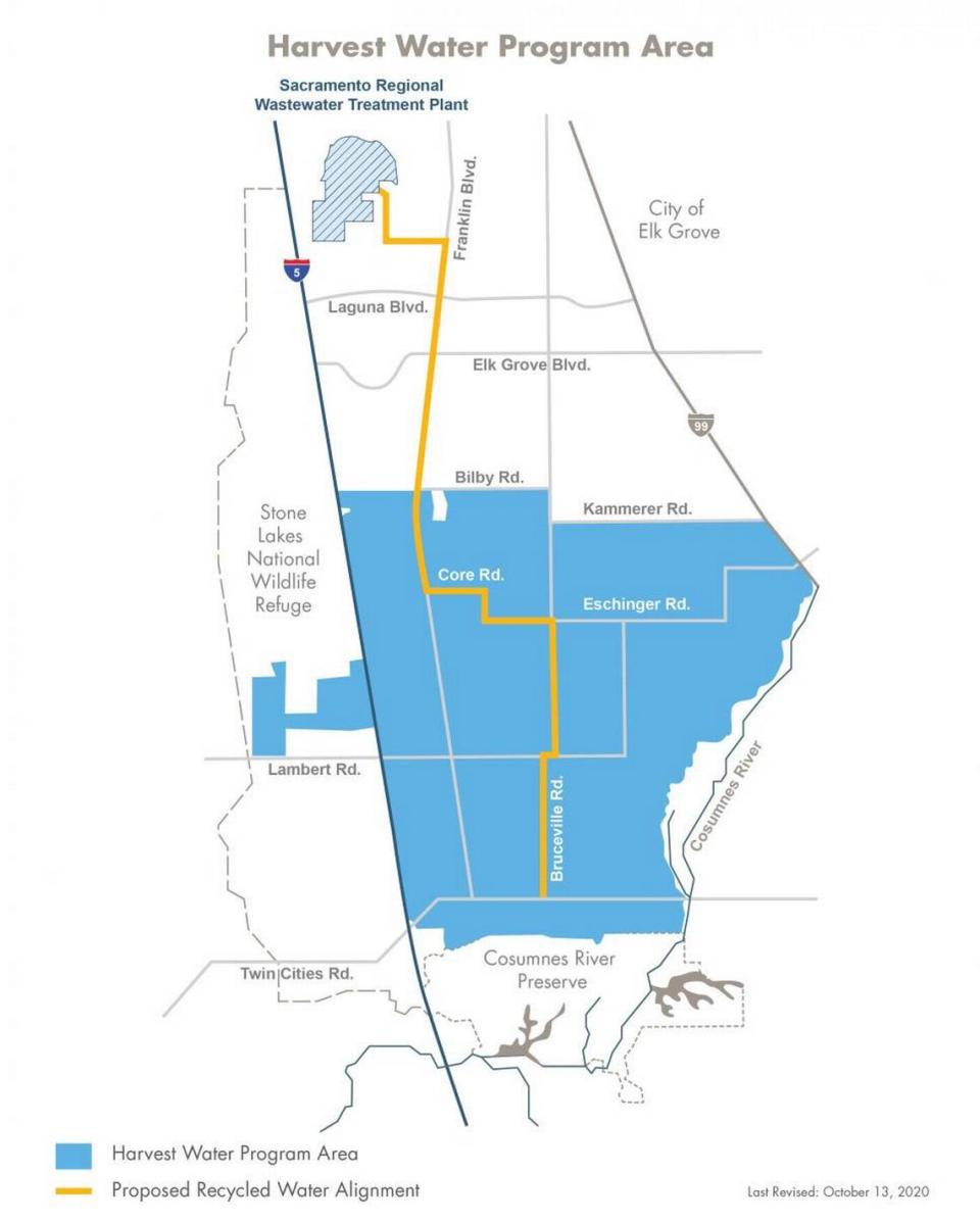 A map shows the planned location of the Harvest Water Project’s 41-mile pipeline, construction of which is set to begin in late 2023.