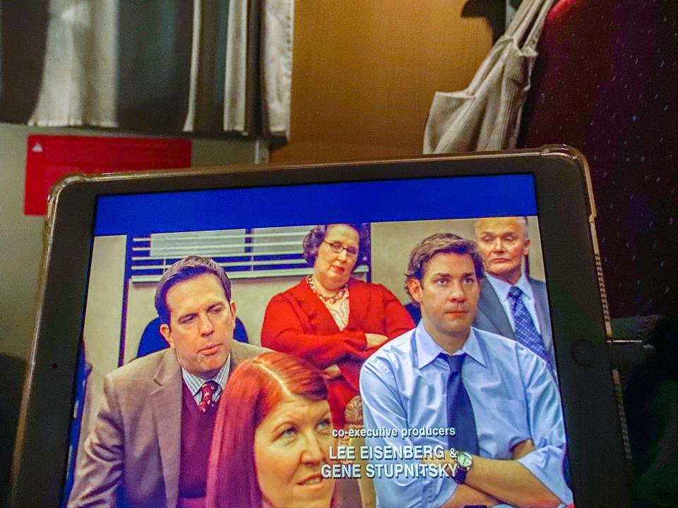 The author watches TV on her iPad in the shared cabin.