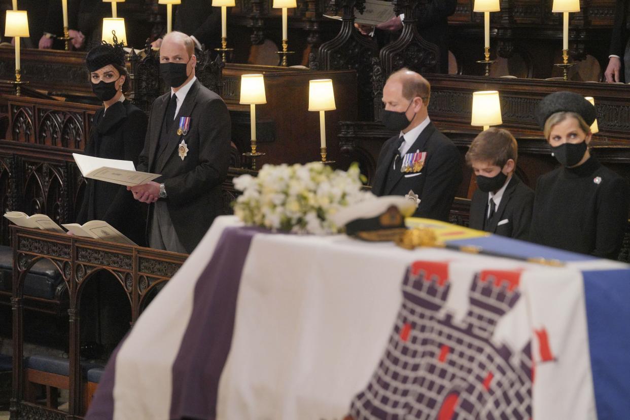 From left, Kate Duchess of Cambridge, Prince William, Prince Edward, Viscount Severn, and Sophie, Countess of Wessex during the funeral of Prince Philip, at St George's Chapel in Windsor Castle, Windsor, England, Saturday April 17, 2021.