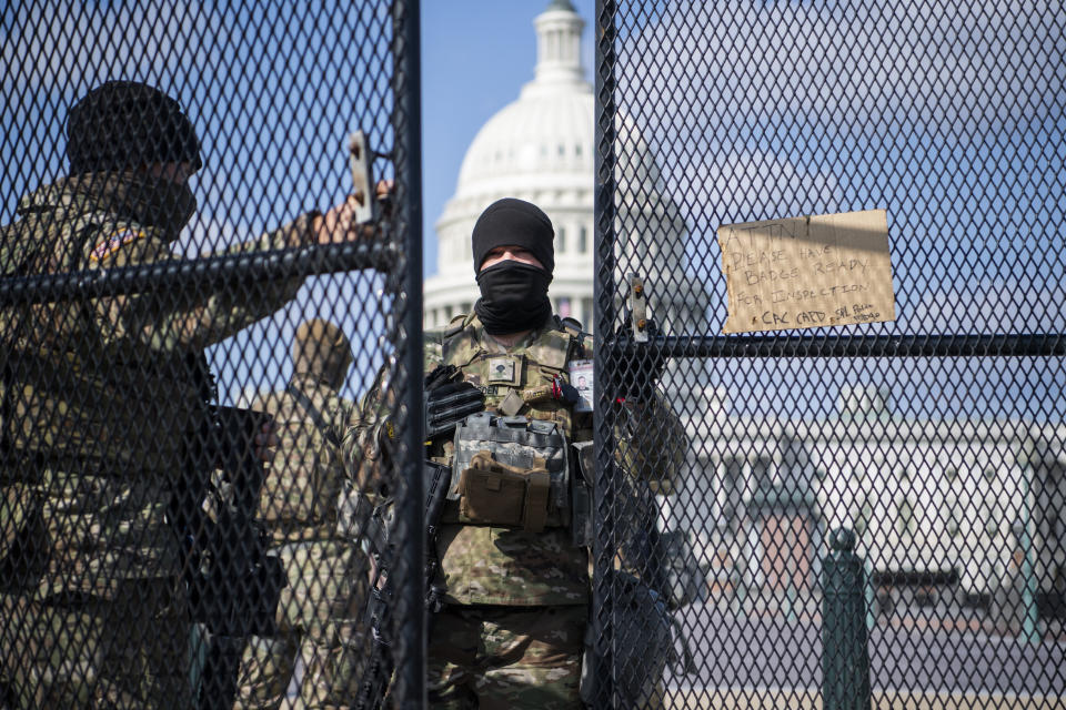 National Guard troops patrol the East Front of the Capitol on March 4, 2021.  (Photo: Tom Williams via Getty Images)