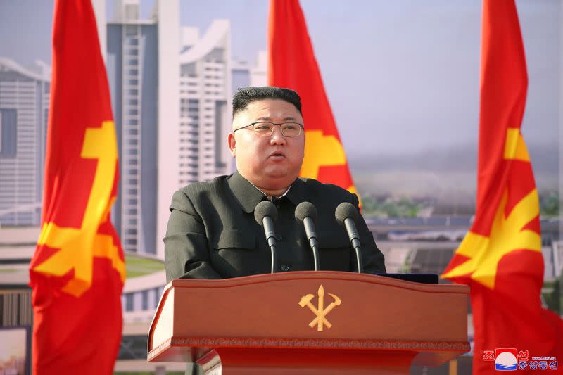 FILE PHOTO: North Korean leader Kim Jong Un attends a ceremony to inaugurate the start of construction on the first phase of a project to eventually build 50,000 new apartments, in Pyongyang