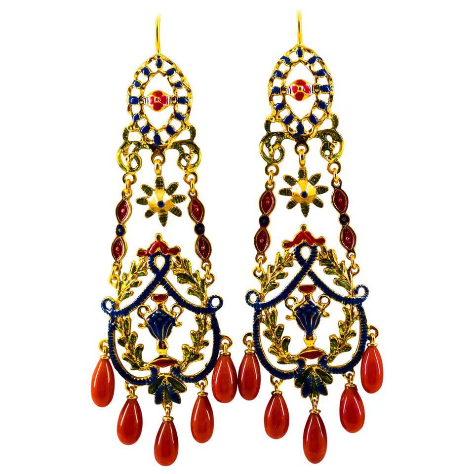 14) Red Coral Enamel Yellow Gold Stud Drop Earrings