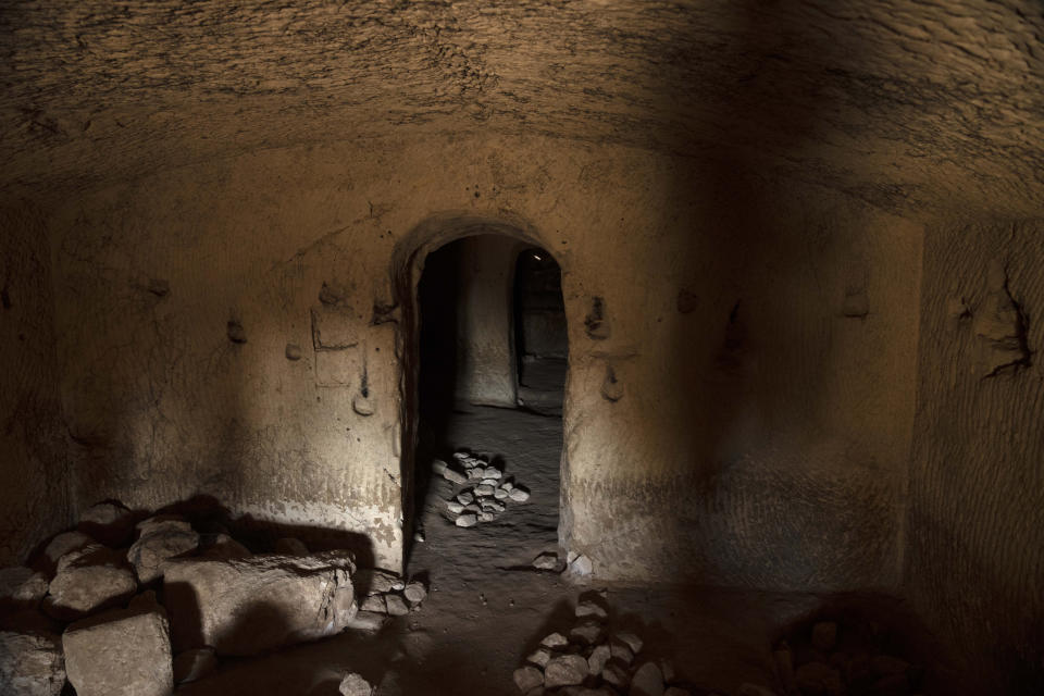 A view shows the interior of a 2000-year-old Second Temple-Period burial cave designated the Salome Cave that was recently uncovered in the Lachish Forest in Israel, Tuesday, Dec. 20, 2022. Archaeologists say that the cave continued to be used in the Byzantine and Early Islamic periods, becoming known as the Salome Cave, due to a popular tradition that identified it as the burial place of Salome, the midwife of Jesus. (AP Photo/ Maya Alleruzzo)