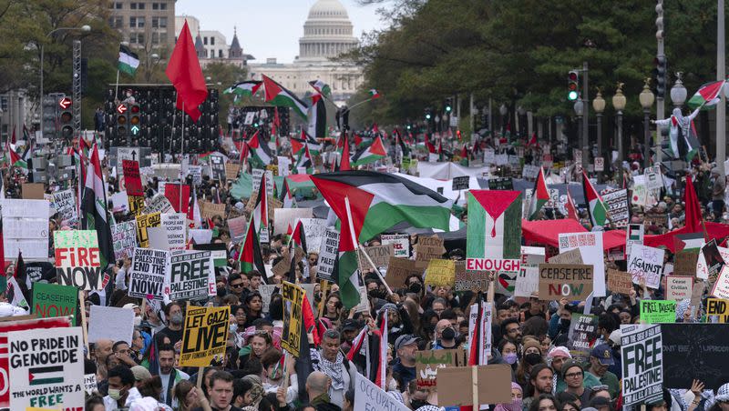 With the U.S Capitol in the background, thousands of protesters rally during a pro-Palestinian demonstration at Freedom Plaza in Washington on Saturday, Nov. 4, 2023.